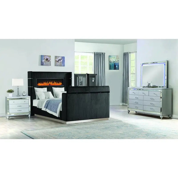 Modern 4-Piece King Bedroom Set with Fireplace Headboard and TV Stand Footboard