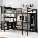 Queen Size Metal Loft Bed with Wardrobe & L-shaped Desk, Heavy Duty Storage Bed