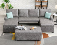 Pull-Out U-Shaped 6-Seater Sofa Bed 2 Chaise Lounges with Storage 2 USB Charging Ports Gray