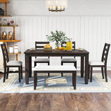 6-Piece Rustic Style Dining Table Set,  Modern Kitchen Table Sets with 4 Upholstered Chairs and a Bench