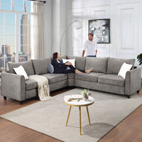 Sectional Sofa L Shape Fabric Couch for Home Use Grey 3 Pillows