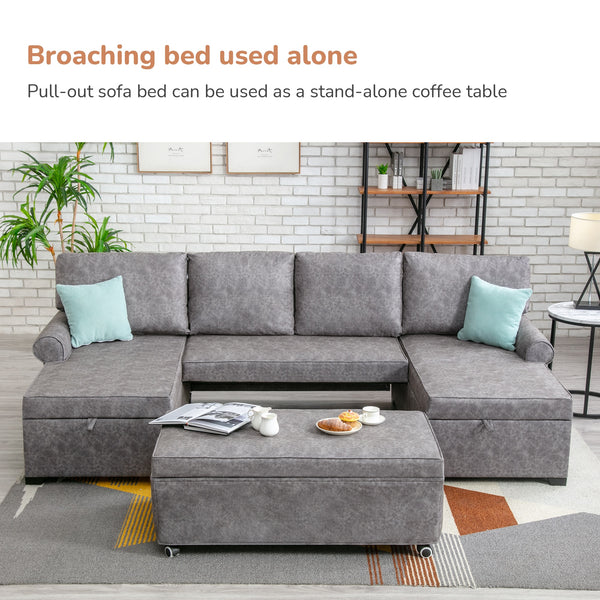 Pull-Out U-Shaped 6-Seater Sofa Bed 2 Chaise Lounges with Storage 2 USB Charging Ports Gray