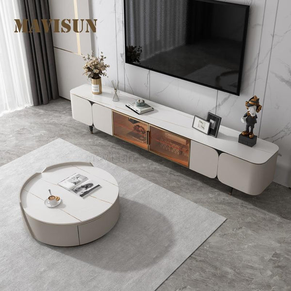 White Round Coffee Table And Rectangular TV Cabinet Living Room - Francoshouseholditems