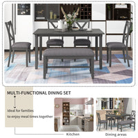 6-Piece Kitchen Dining Table Set Wooden Rectangular Dining Table, 4 Fabric Chairs and Bench Family Furniture (Gray)