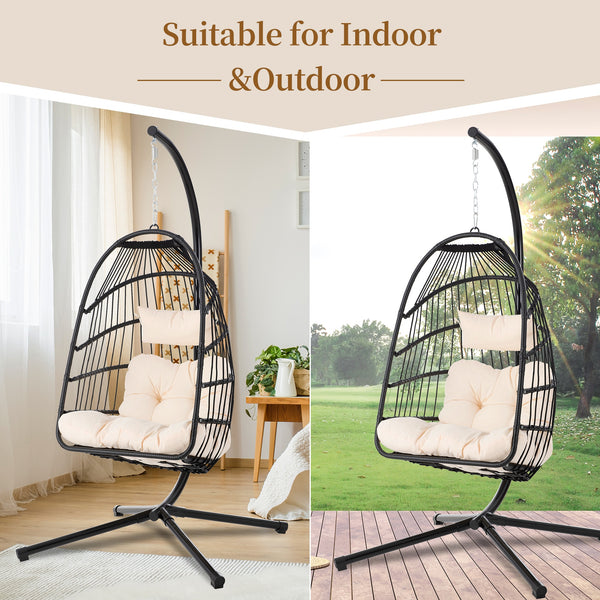 Patio Foldable Swing Chair Porch PE Wicker Egg Hanging Chair Hammock Outdoor Balcony Indoor Bedroom