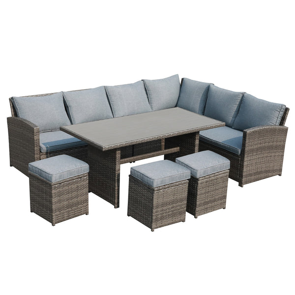 7PCS Outdoor Patio Furniture Sofa Set All Weather Wicker Rattan Couch Dining Table Chair with Ottoman
