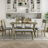 Mid-Century Style 6-Piece Dining Table Set Wooden Dining Table and Fabric Chair with Bench