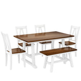 Wood Dining Table Set Kitchen Table Walnut+White, Set with Long Bench and 4 Dining Chairs,