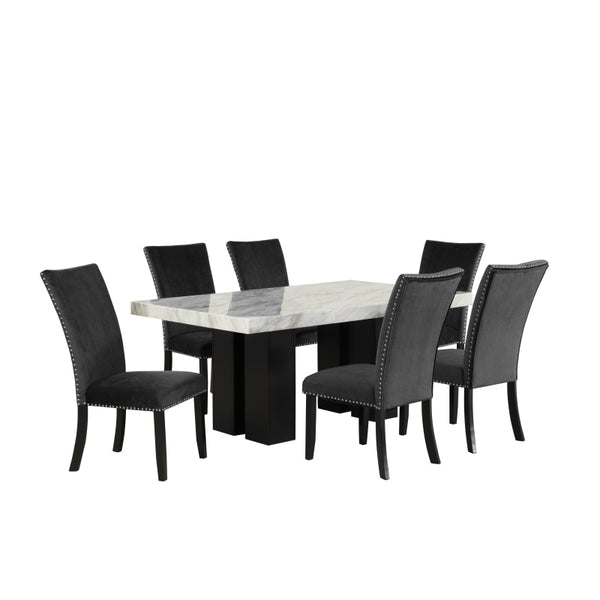 black chair Dining Table Set with 1 Faux Marble Dining Rectangular Table and 6 Upholstered-Seat Chairs