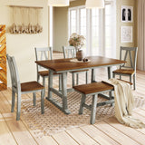 6 piece solid wood dining table set grey, kitchen dining table set with bench and 4 dining chairs