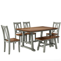 6 piece solid wood dining table set grey, kitchen dining table set with bench and 4 dining chairs