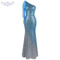 Dress One Shoulder Bodycon Luxury Sequin Maxi Evening Dresses Light Blue Silver - Francoshouseholditems