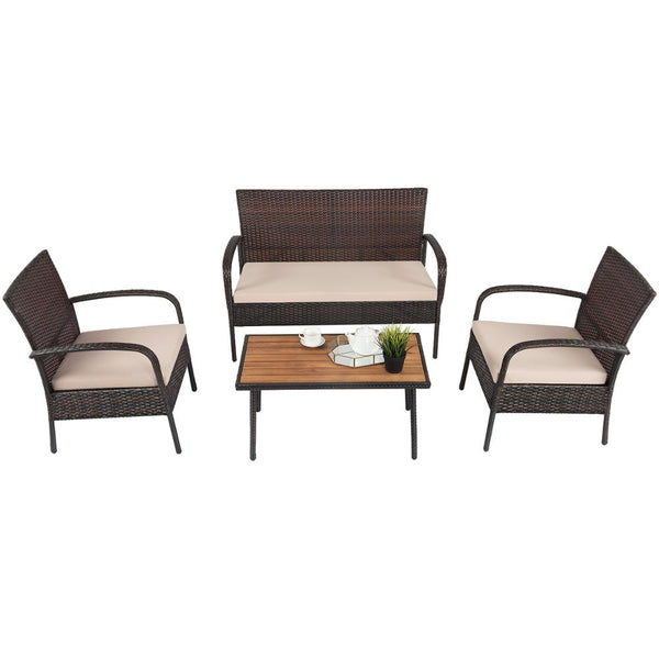 4PCS Patio Rattan Furniture Set Outdoor Conversation Set Coffee Table w/Cushions - Francoshouseholditems