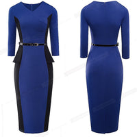 Contrast Color Patchwork Peplum Dresses Business Office Bodycon Women Sheath Dress B594 - Francoshouseholditems