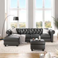 Sectional Sofa Set, PU Leather 4-Seat Living Room Set, L-Shape Nailhead Couch in Home, with Storage Ottoman - Francoshouseholditems