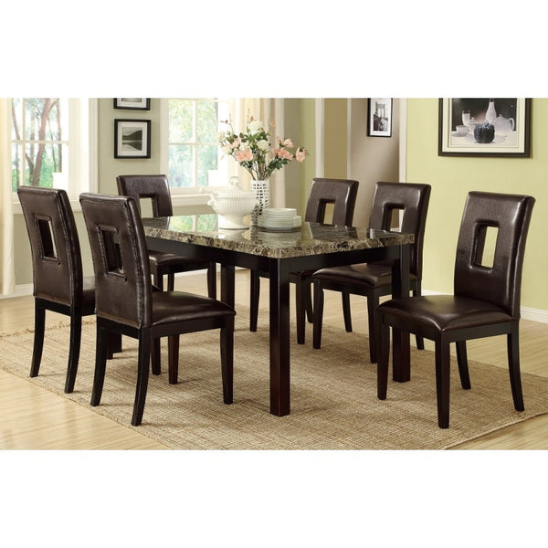 7PCS Dining Table Set with Faux Marble Top 6PCS Side Chairs Brown Faux Leather for Kitchen Dining Room Furniture - Francoshouseholditems