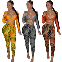 Two Piece Set Sexy V Neck Lace Up Long Sleeve Crop Top + Sheer Mesh Pants Club Party Women Outfits - Francoshouseholditems