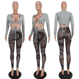 Two Piece Set Sexy V Neck Lace Up Long Sleeve Crop Top + Sheer Mesh Pants Club Party Women Outfits - Francoshouseholditems