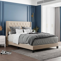 Headboard, Box Spring Needed, Beige Linen Fabric, Bedroom Furniture Queen Size Beige/Gray - Francoshouseholditems