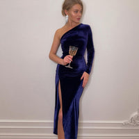 Single Shoulder Slit Maxi Dress Autumn Pleated Bodycon Fashion Evening Club Y2K Vestidos Robe Spring - Francoshouseholditems