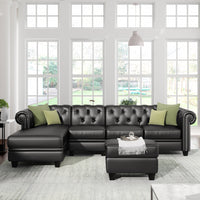 Sectional Sofa Set, PU Leather 4-Seat Living Room Set, L-Shape Couch in Home, with Storage Ottoman ,Nailheaded - Francoshouseholditems
