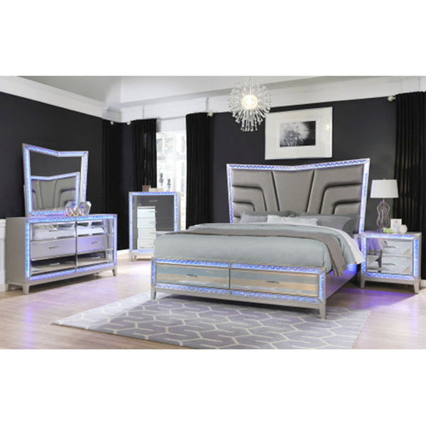 Set Luxury 5 Pc Queen Bed Silver Nightstand  Dresser Chest Cabinet Cupboard Forcer  with Led - Francoshouseholditems